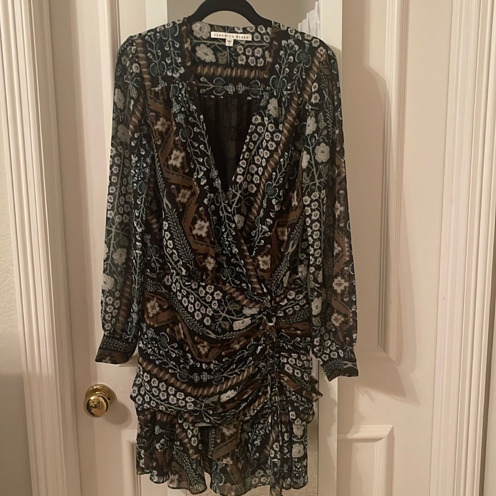 Veronica Beard Sheer Floral Print Mini Dress in Black and Olive